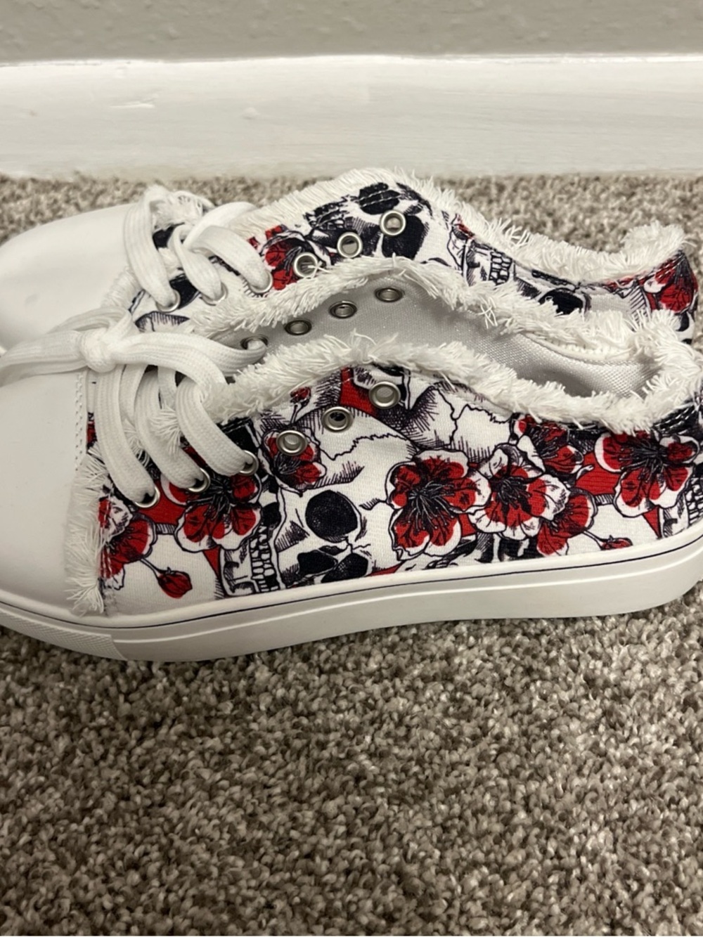 White Canvas Sneakers with Red Floral & Skull Print